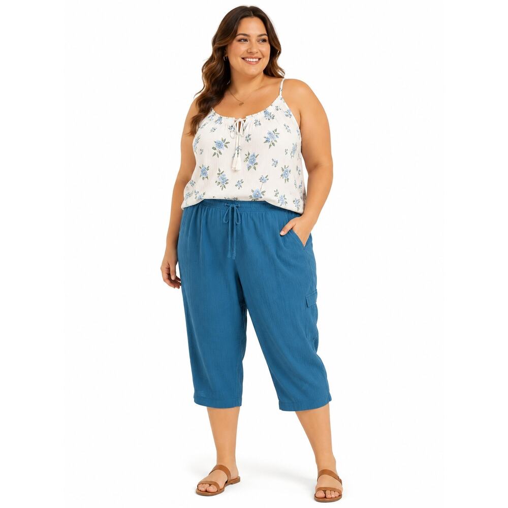 Stretch White Stag Womens Plus Capris Drawstring Pockets Summer Cotton 2XL